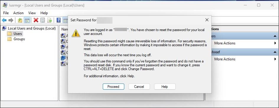 local users and groups set password warning