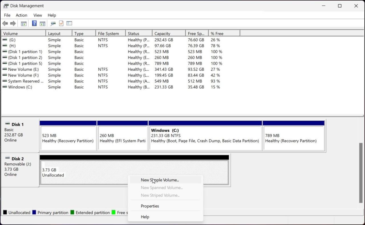 usb drive new simple volume disk management