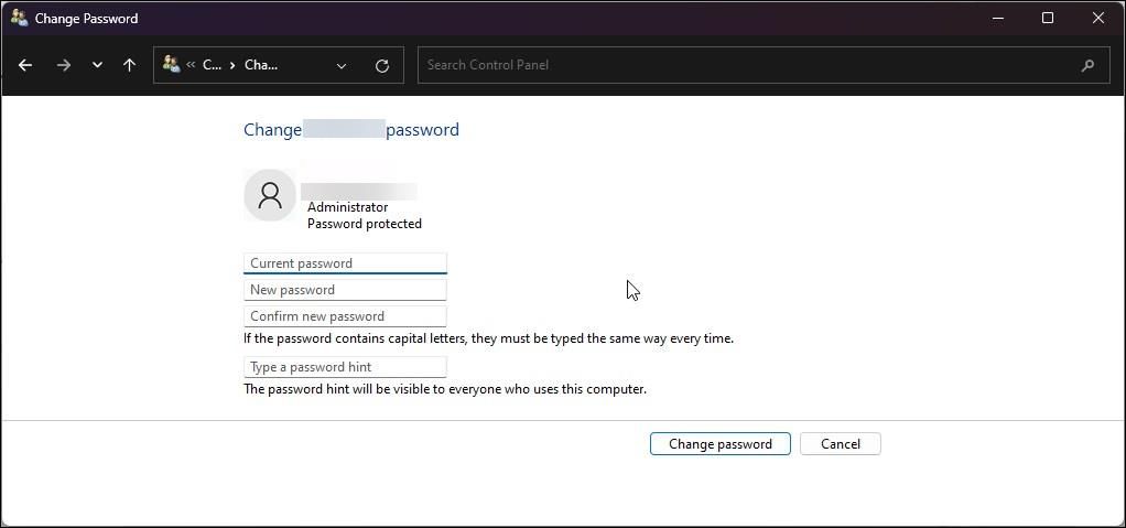 user accounts control panel change the password new password