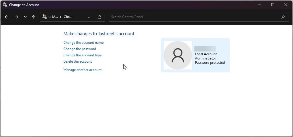 user accounts control panel change the password