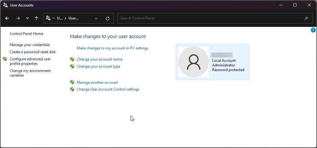 user accounts control panel manage another account