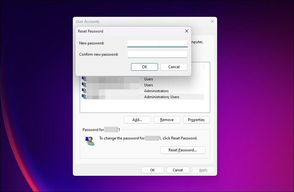 user accounts reset password new password