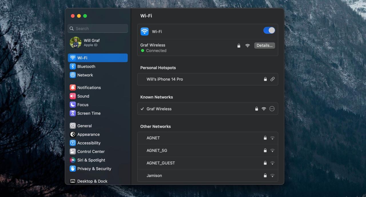 WiFi settings in macOS Ventura