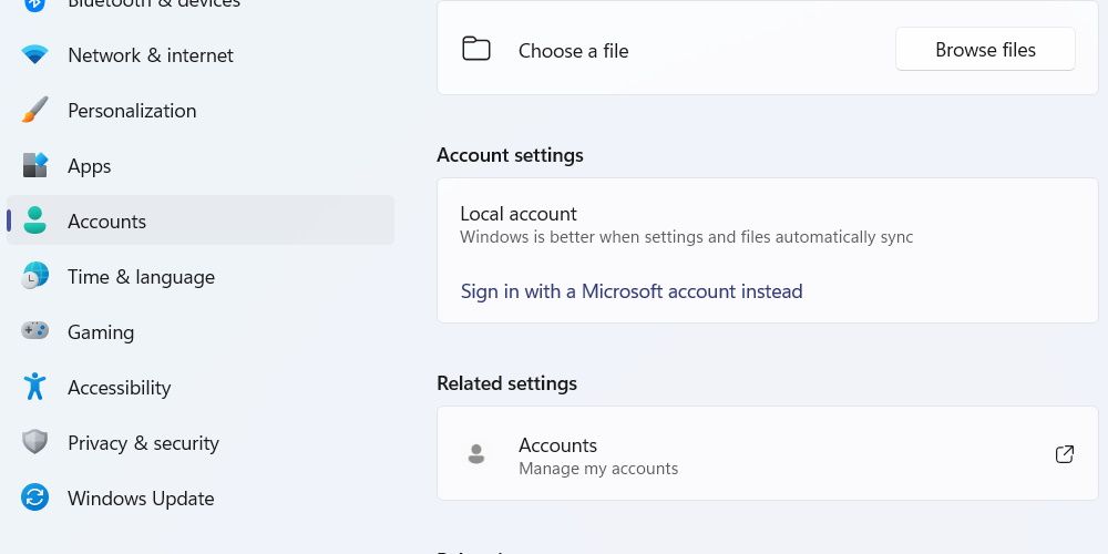the Your info page in the Settings app on Windows 11 with the Account settings and Related settings sections showing