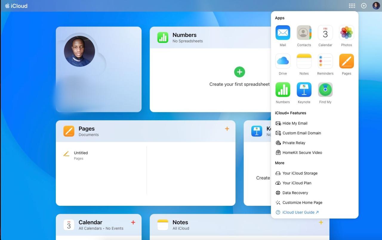 iCloud.com menu on the web