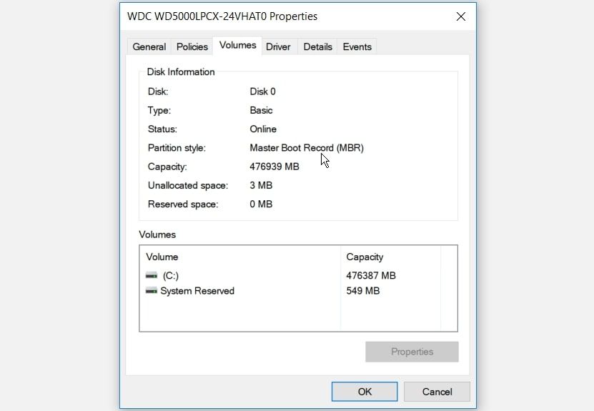 Checking the Partition style under Disk Information