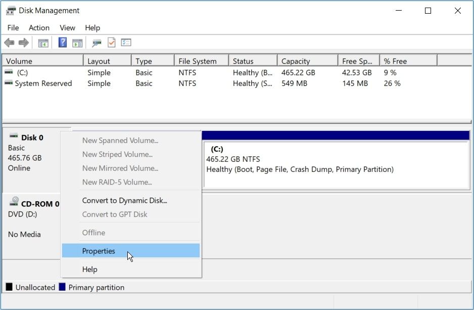 Right clicking on Disk 0 on the Disk Management window