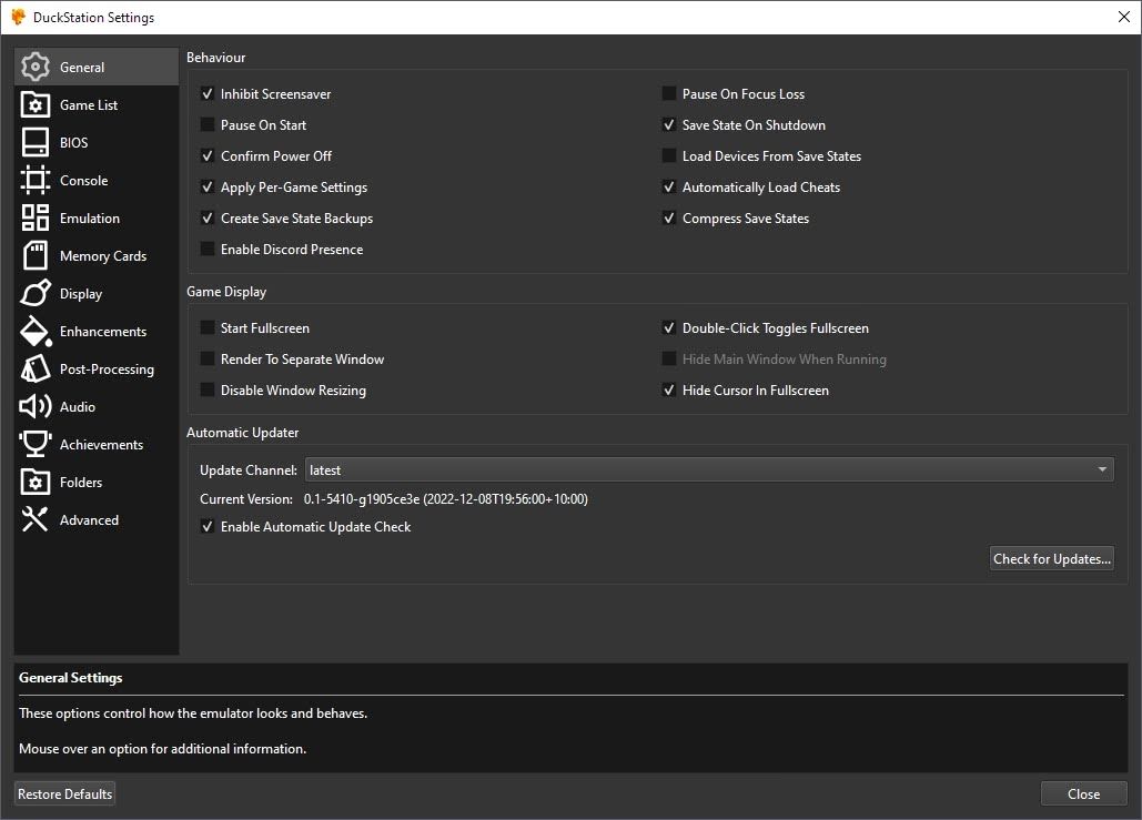 Duckstation Settings General