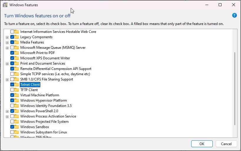 enable telnet client windows features dialog