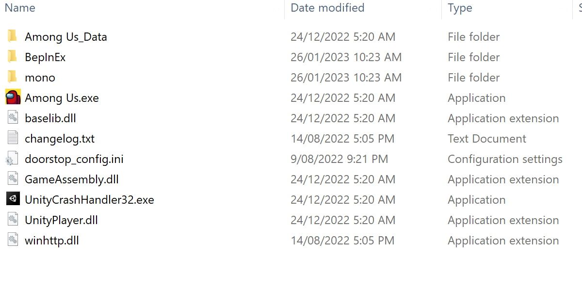 screenshot of bepinex files installed in the among us directory