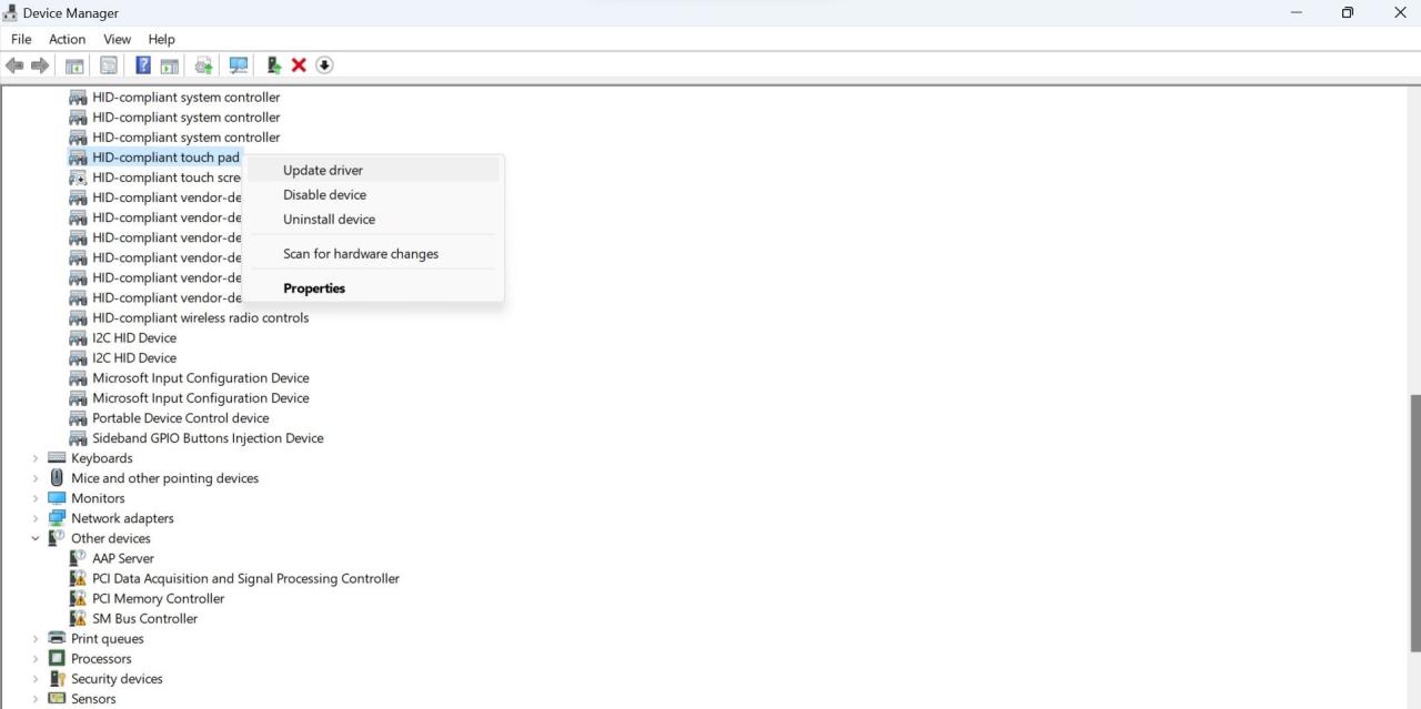 Updating the HID-Compliant Touchpad Driver in Windows Device Manager