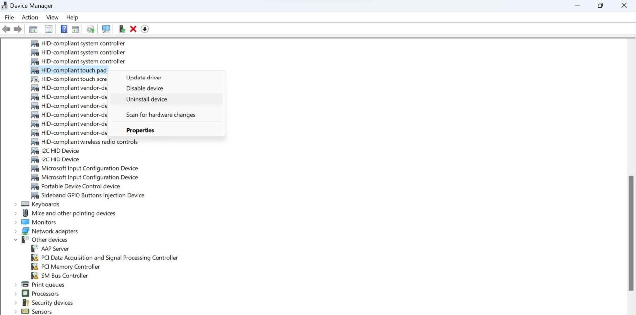 Uninstalling the HID-Compliant Touchpad Driver in Windows Device Manager