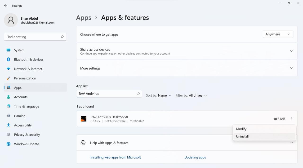 Uninstalling RAV Antivirus in Windows Settings