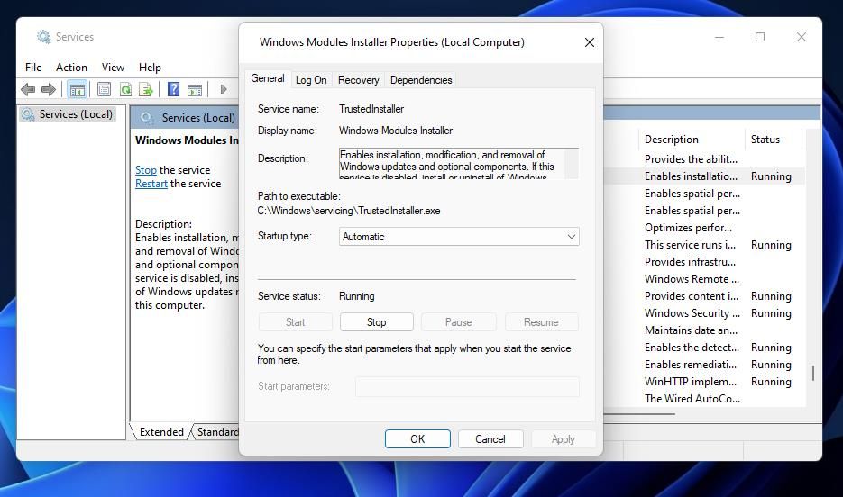 The Windows Modules Installer service properties window 