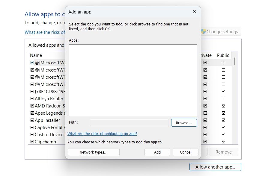 Add an app prompt in the Windows Firewall