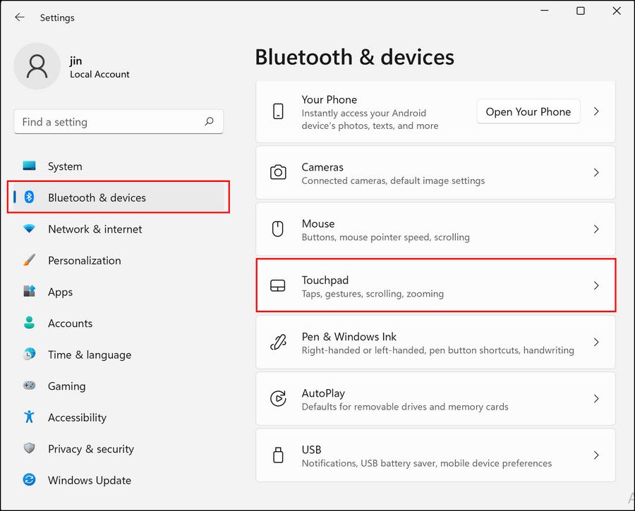 Touchpad settings in the Windows Settings app