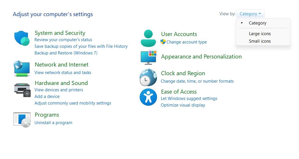 Category option of Control Panel