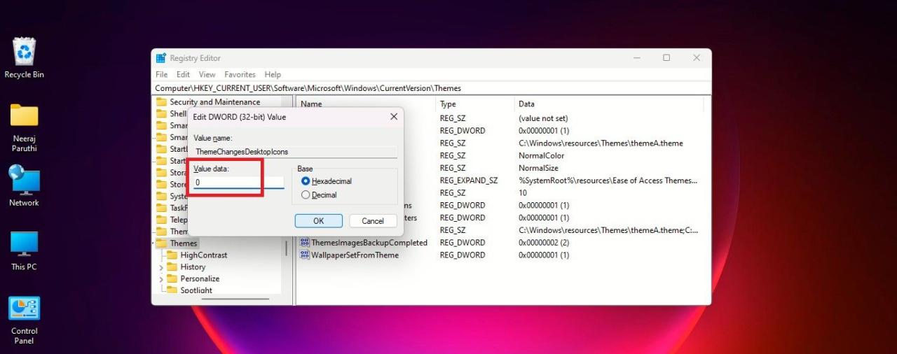 Theme Changes Desktop Icons Value Data Set to 0