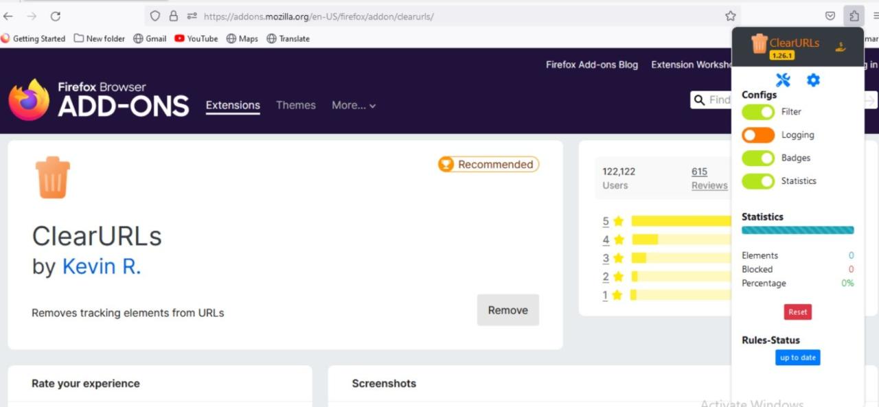 ClearURLs page screenshot 