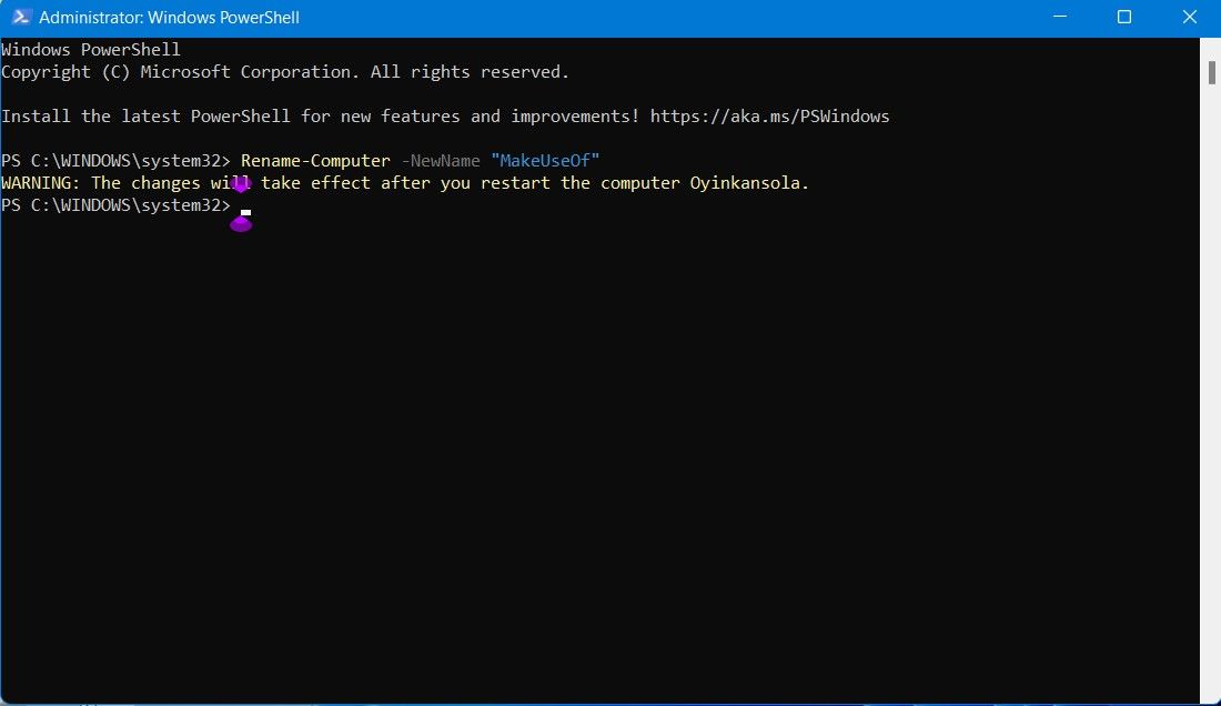 Screenshot Showing Powershell Command to Rename PC