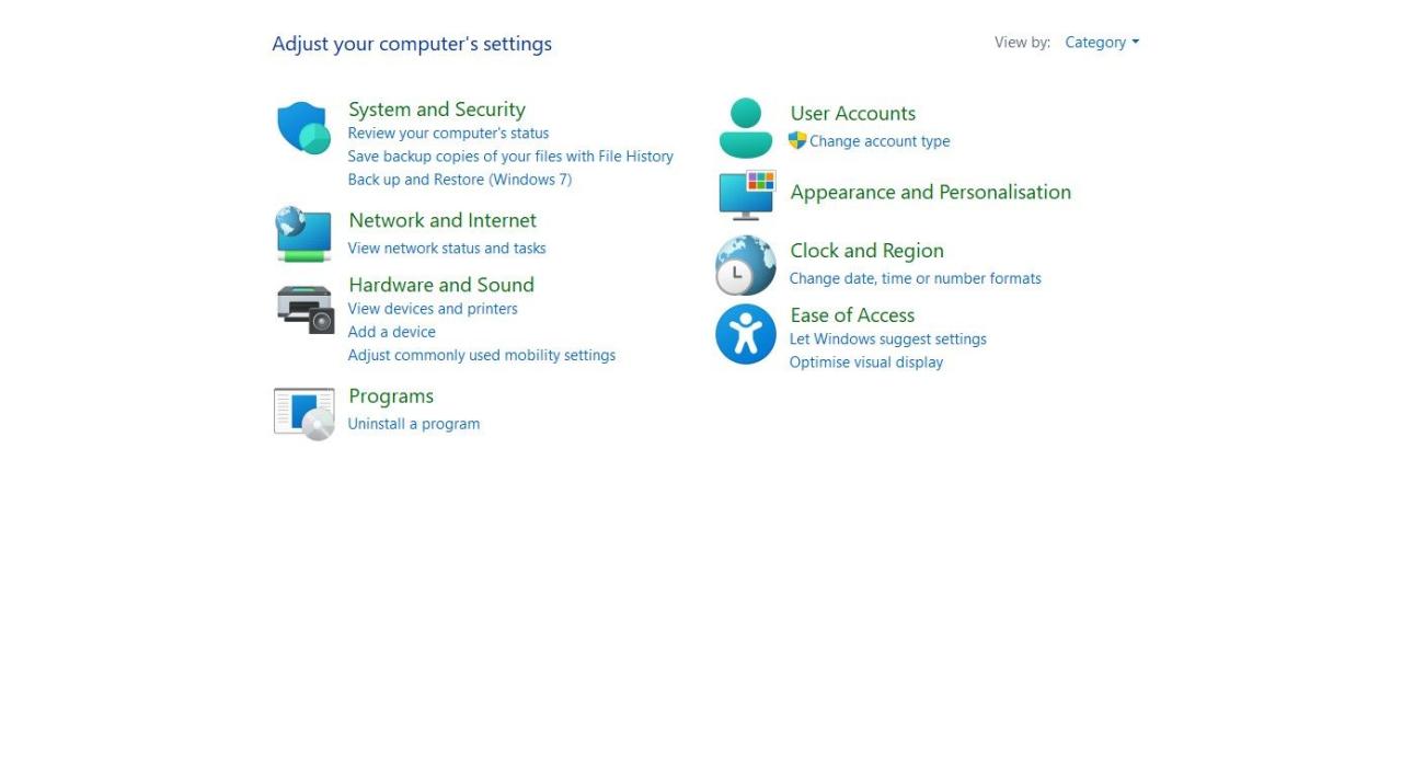 Screenshot Showing the Control Panel