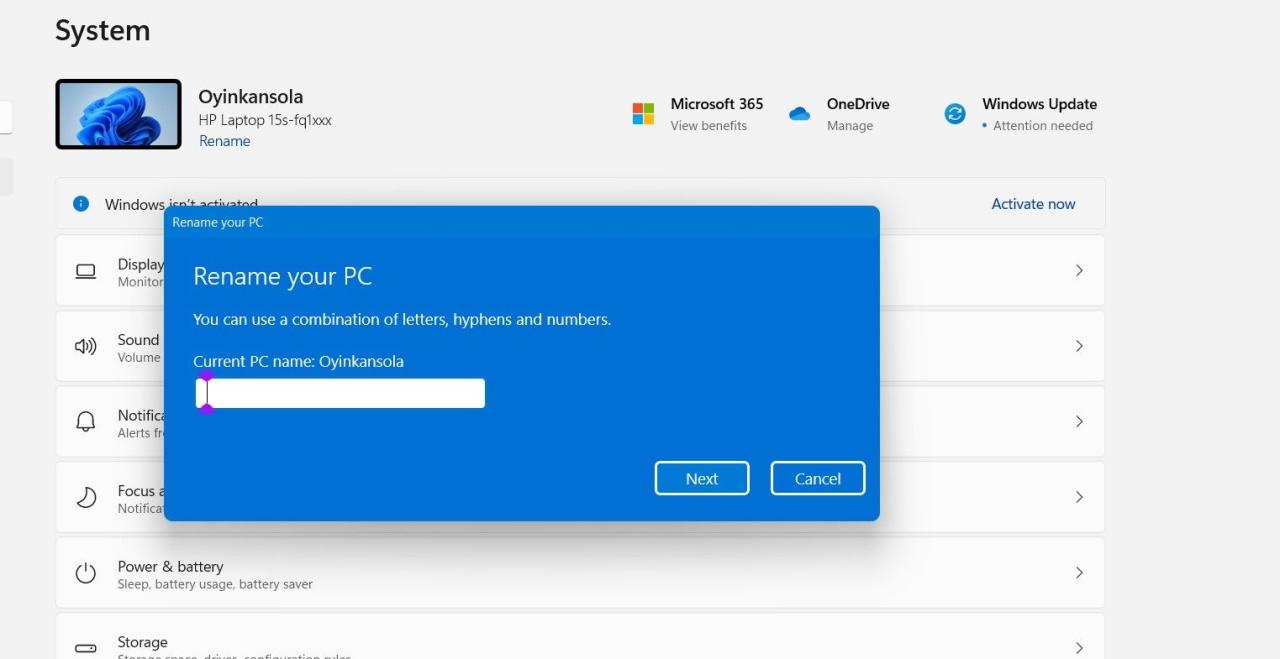 Screenshot Showing the Rename Your PC Field on Windows 11