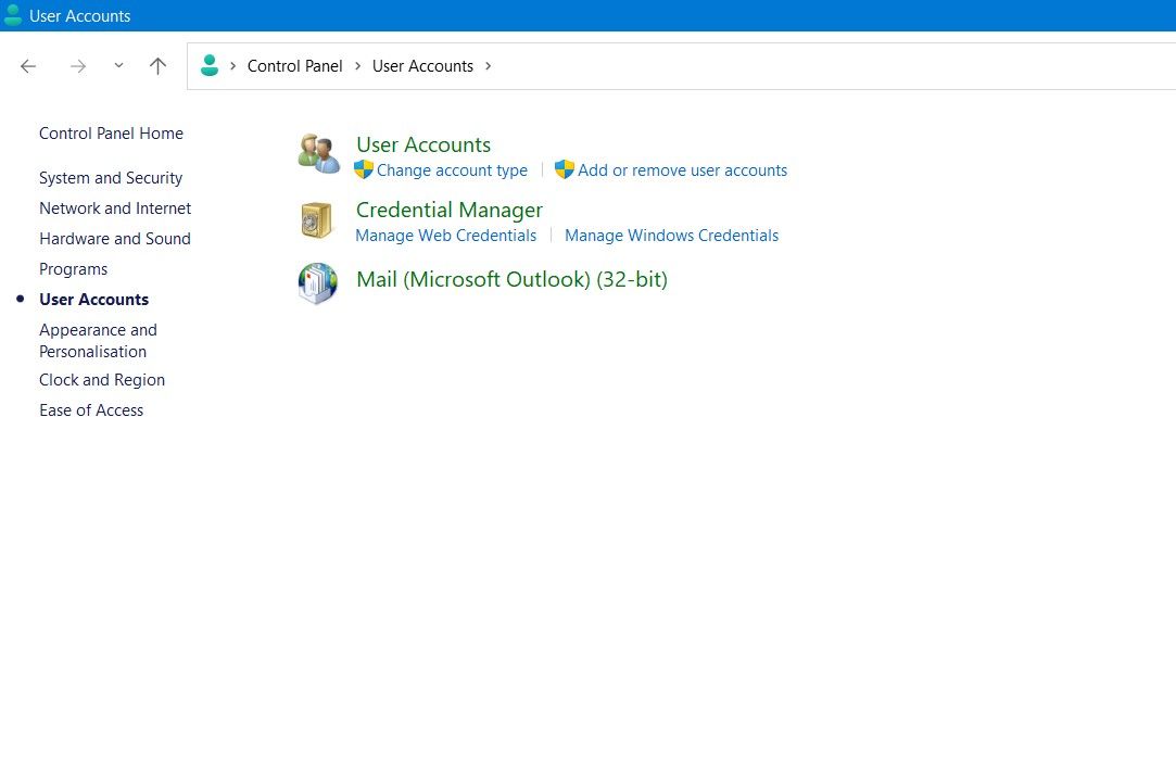Screenshot Showing User Accounts Settings on the Control Panel