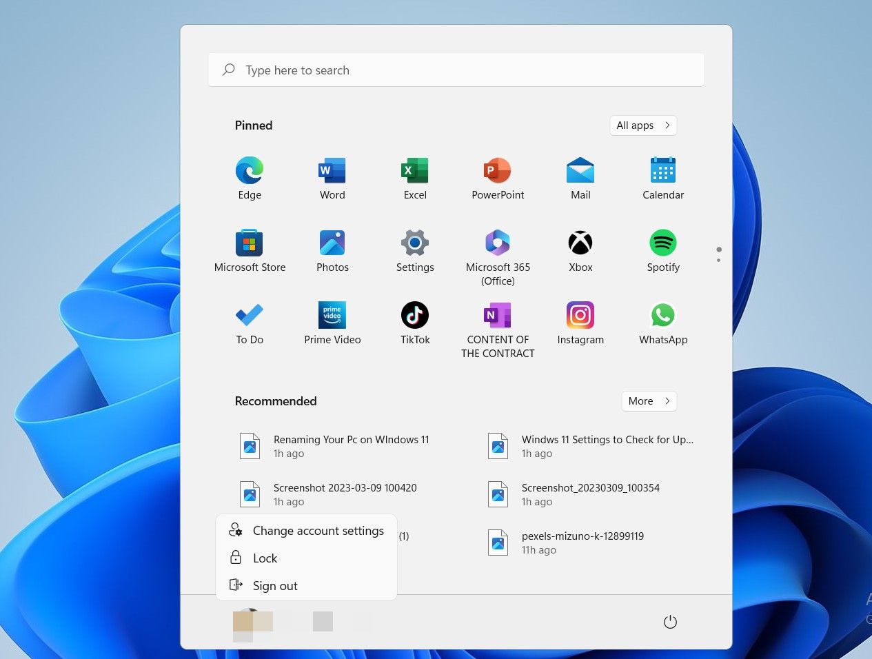 Screenshot Showing Windows 11 Account Settings Menu on the Start Menu