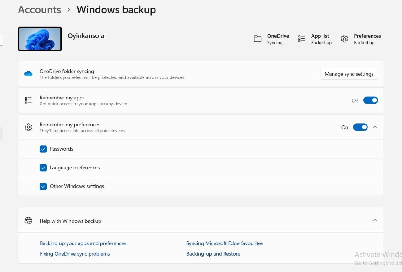 Screenshot Showing Windows 11 Sync Settings