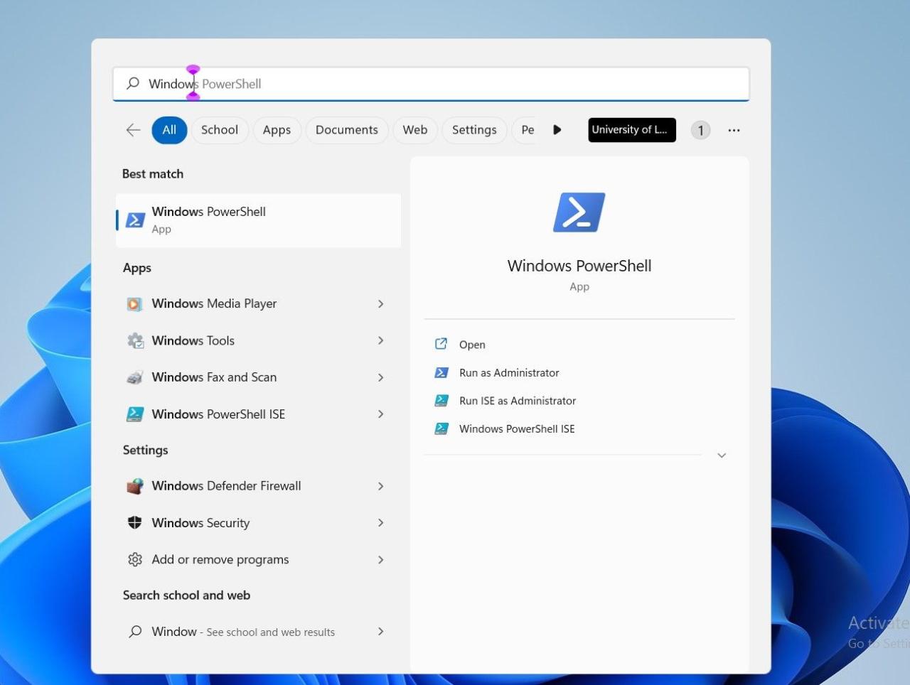 Screenshot Showing Windows Powershell in the Search Bar