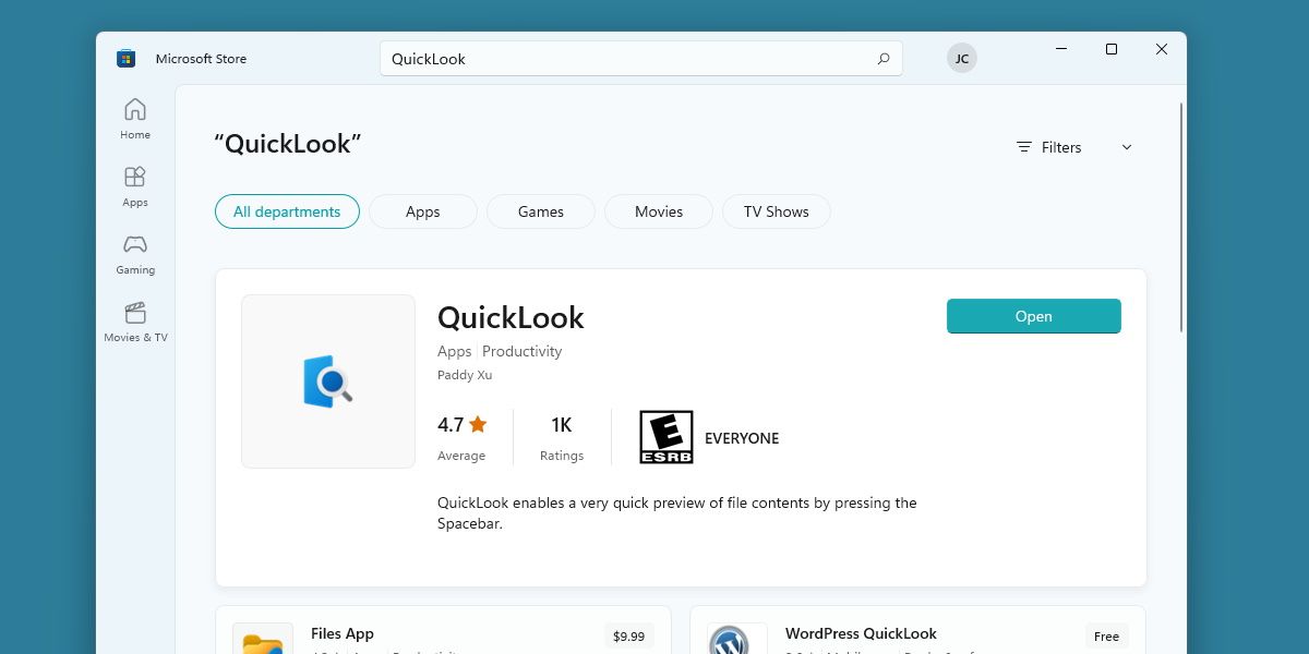 screenshot of searching quicklook on microsoft store 