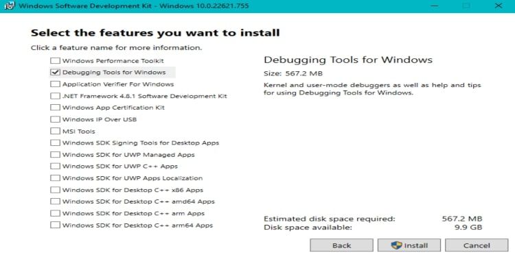 selecting debugging tools for windows