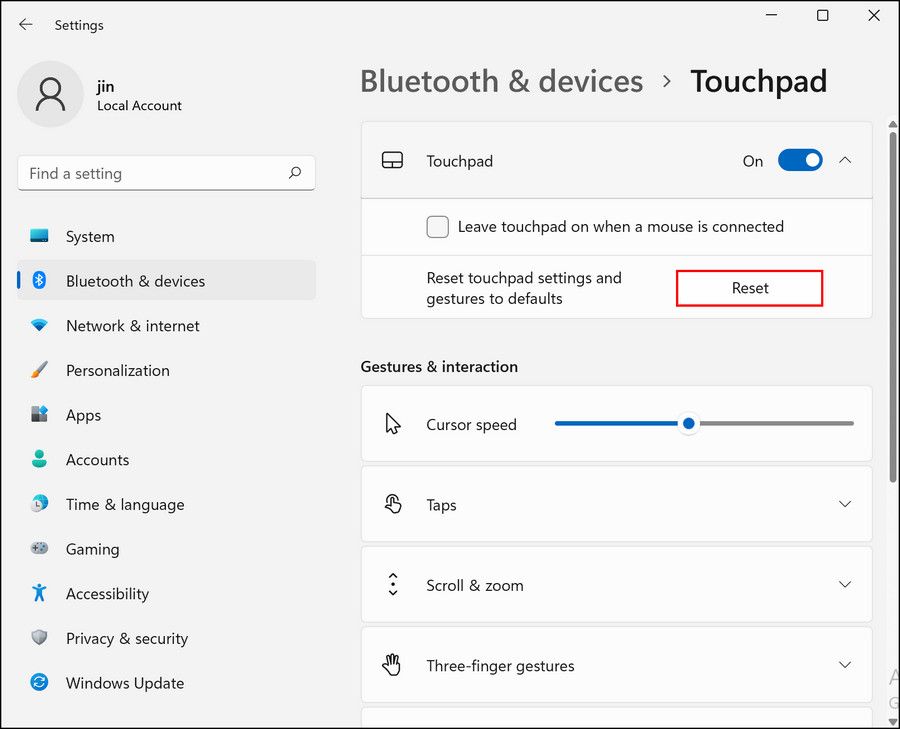 Resetting the touchpad