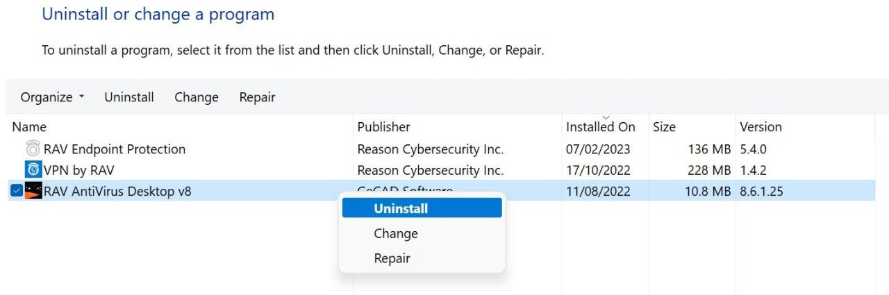 Uninstalling RAV Antivirus in Control Panel