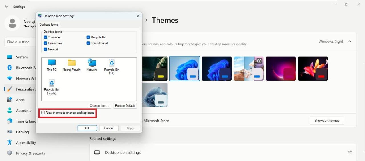 Untick Allow Themes To Change Desktop Icons