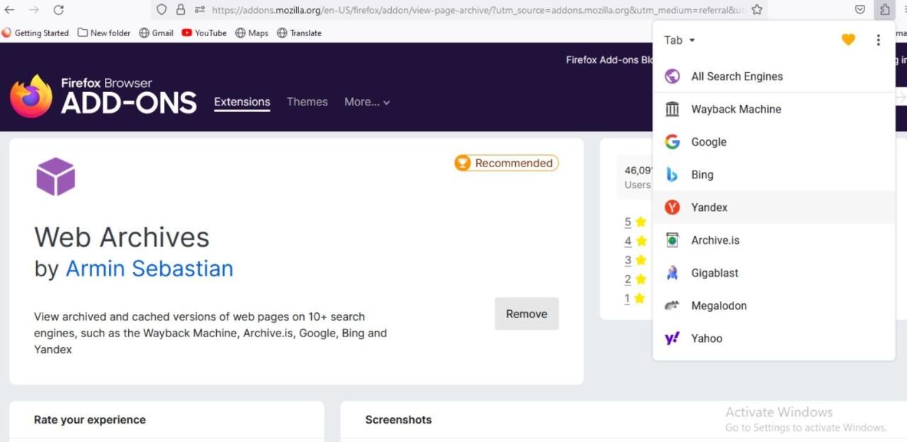 Web Archive screenshot