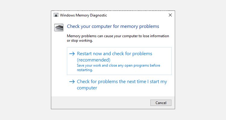 windows memory diagnostic tool options