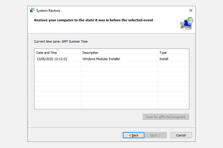 windows system restore point selection