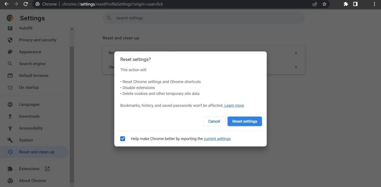 Clicking on the Reset Button to Restore Settings to their Original Defaults in Chrome Settings