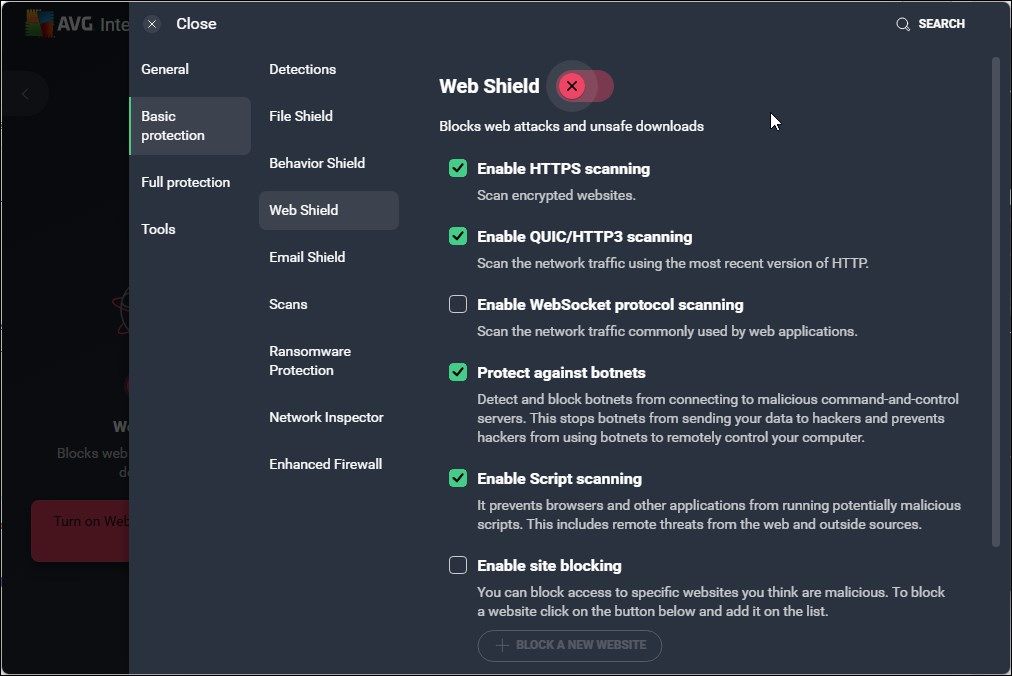 avg web shield off