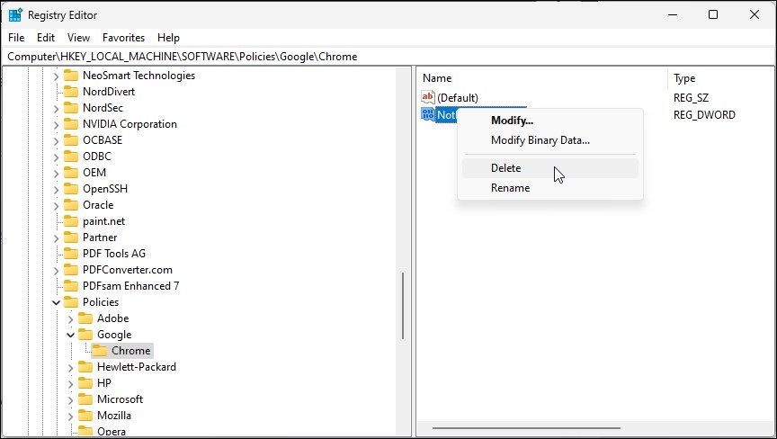 delete chrome policy registry editor