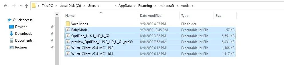 different minecraft mods installed in the minecraft game files