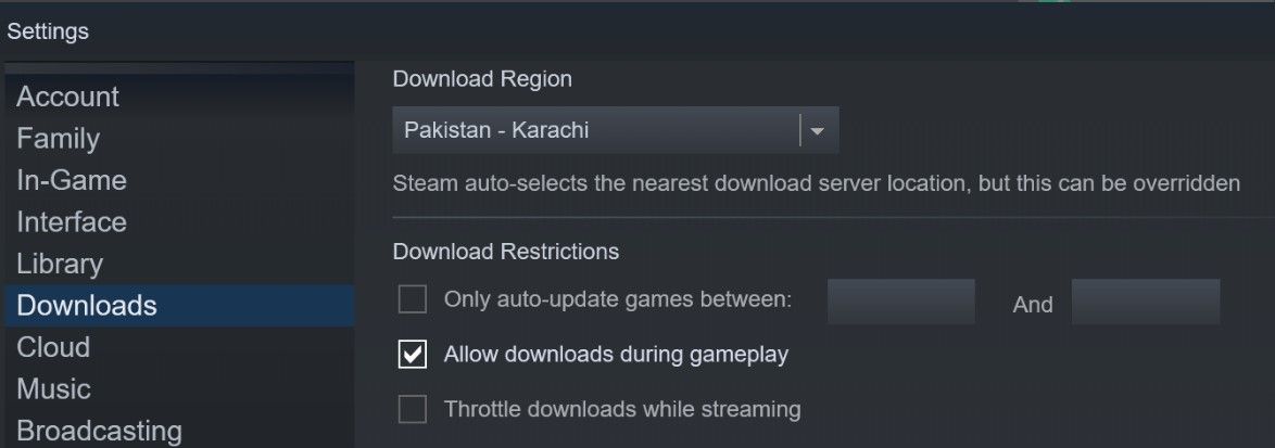 Disable Download Throttle and Allow Downloads During Gameplay in Steam Settings