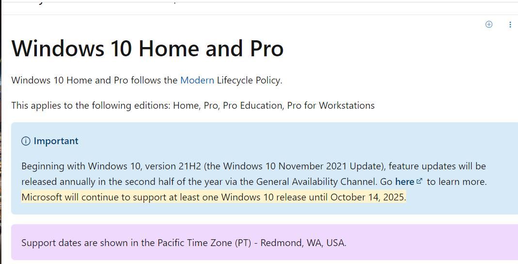 The end-of-support-date for Windows 10 on Microsoft\'s site