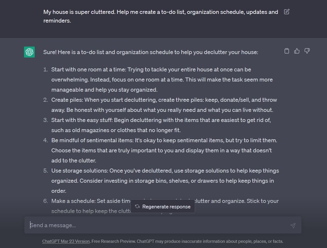 ChatGPT provides a personalized home organization plan