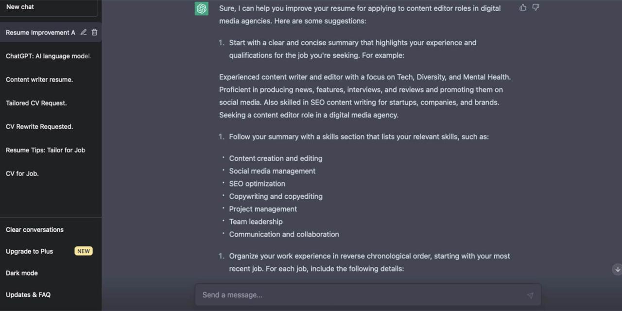 improvement suggestions for resume from ChatGPT