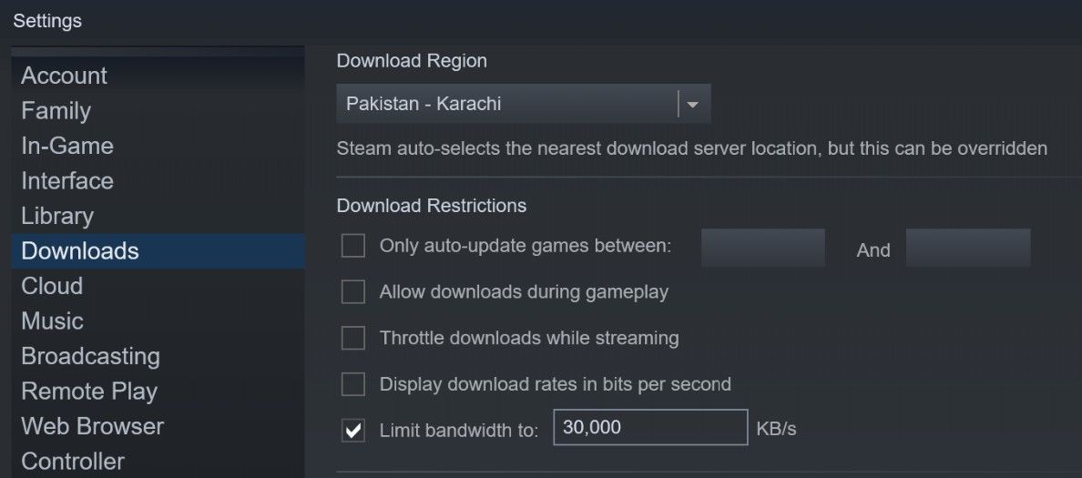Limit Bandwidth Limit to 30 MBs in Steam Settings