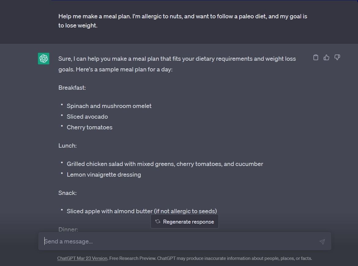 ChatGPT provides a personalized meal plan