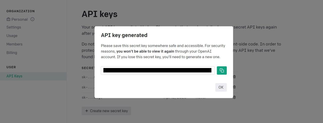 OpenAI API key generation