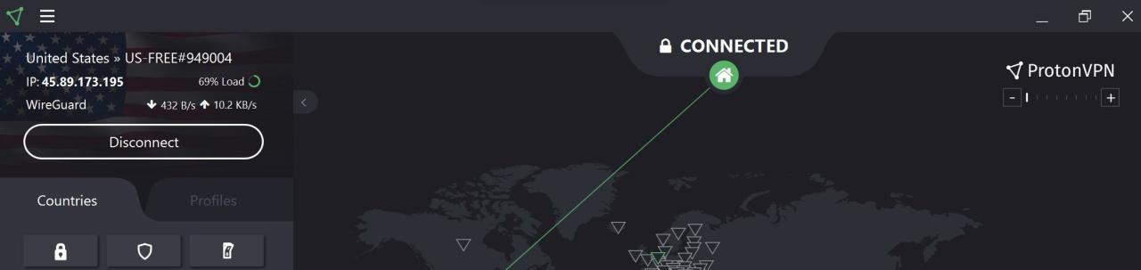 Proton VPN Connected to a US Server